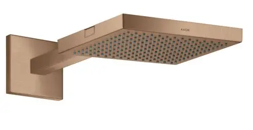Kopfbrause mit rechteckigem Design in Brushed Red Gold, montiert an einem Brausearm. Die Marke AXOR ist deutlich sichtbar.
